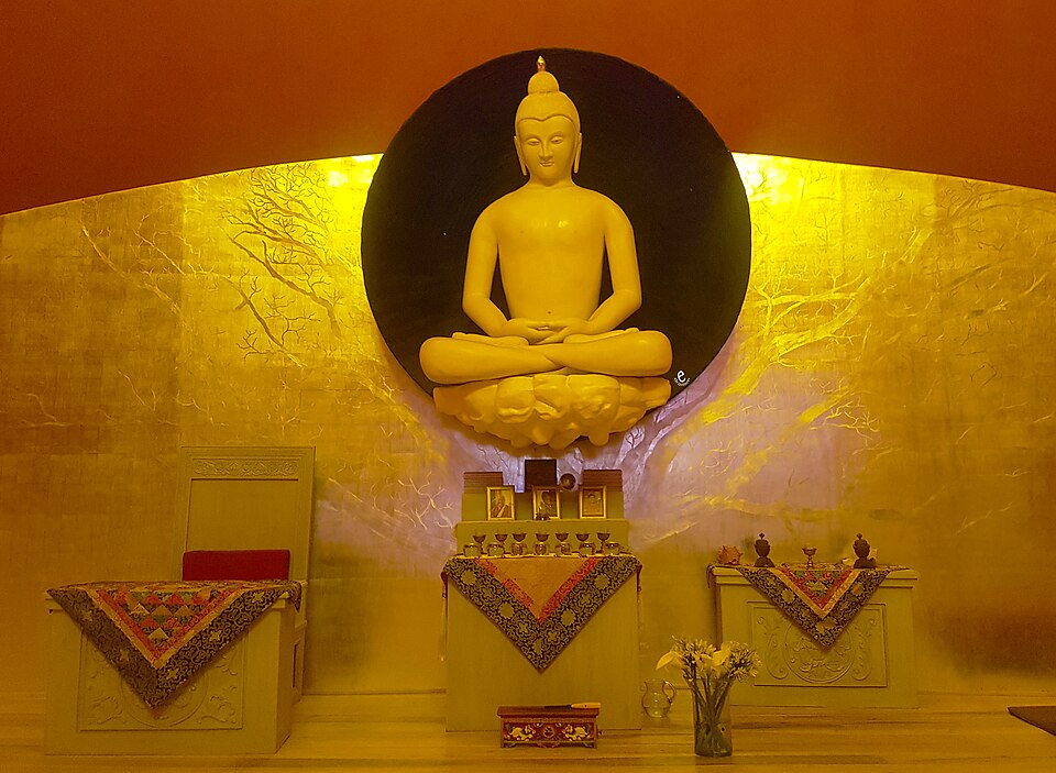 Golden Buddha and altar inside the Gran Stupa Bön near Valle de Bravo